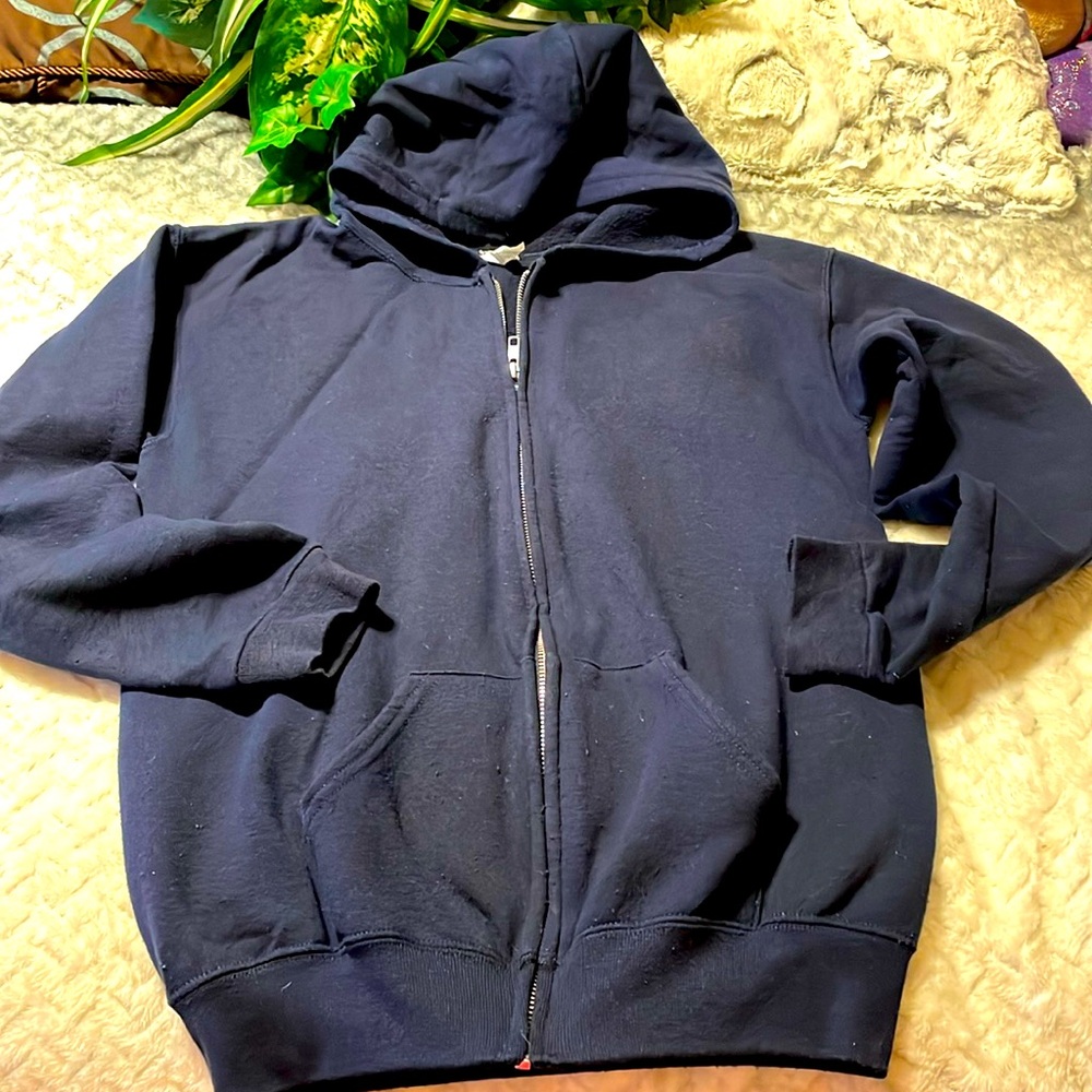 JERZEES NUBLEND NAVY FRONT ZIPPER LG SLEEVE YOUTH L HOODIE EXCELLENT CONDITION